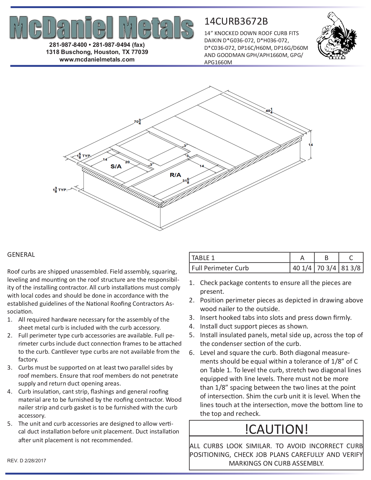 McDaniel Metals 14CURB3672B Installation Manual