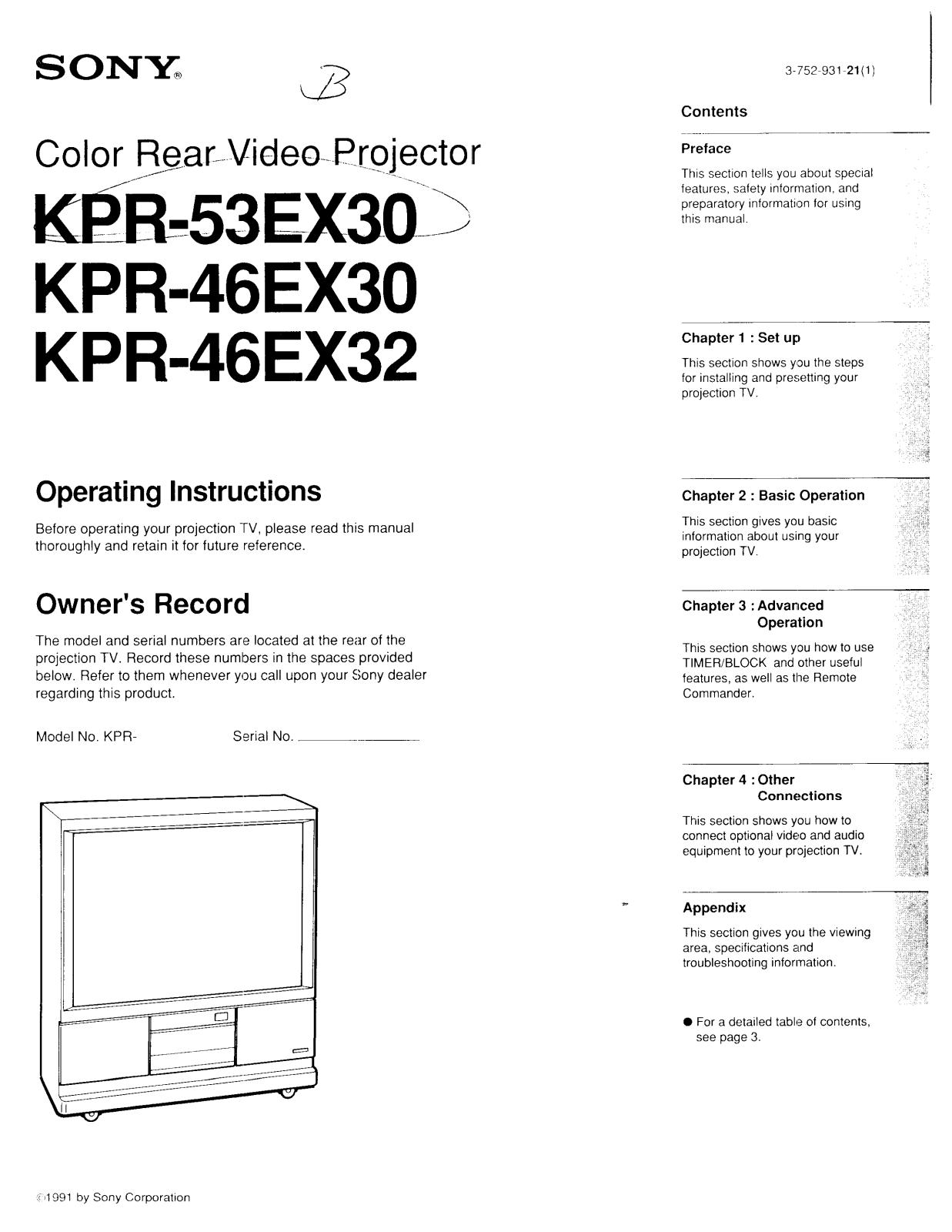 Sony KP-R53EX30, KP-R46EX30, KP-R46EX32 Operating Manual