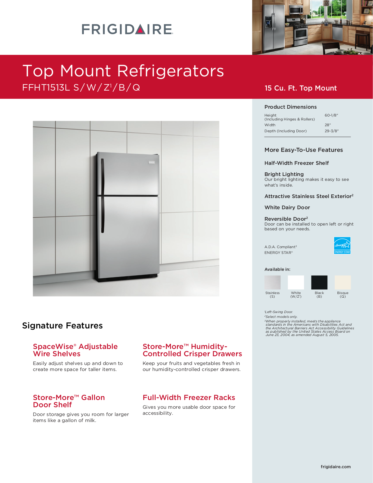 Frigidaire FFHT1513LB, FFHT1513LW, FFHT1513LQ, FFHT1513LS Specification Sheet