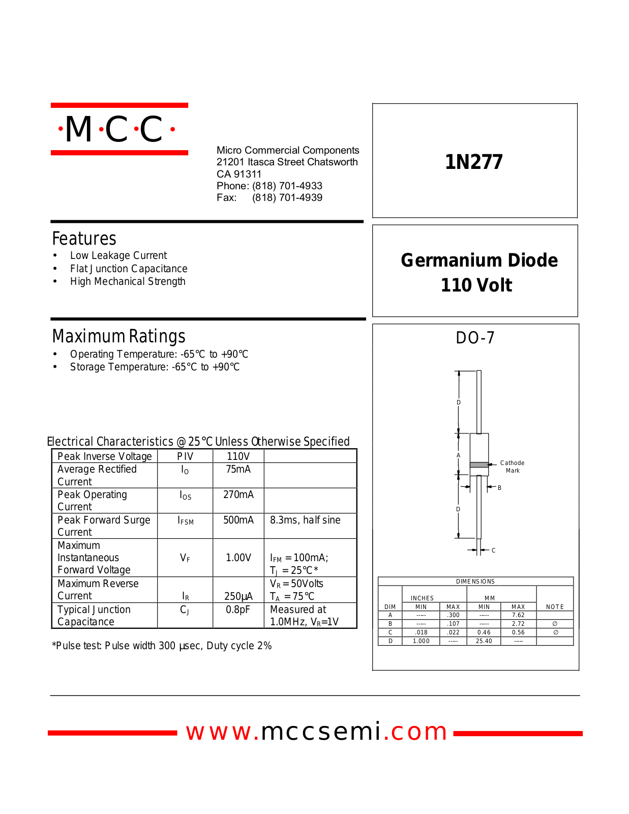 MCC 1N277 Datasheet