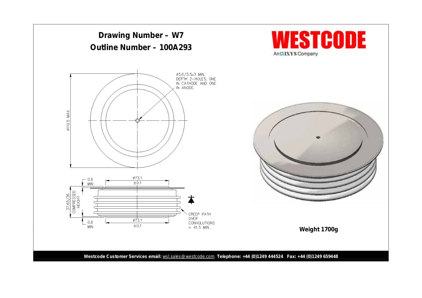 Westcode Semiconductors W7 100A293 Dimensional Sheet