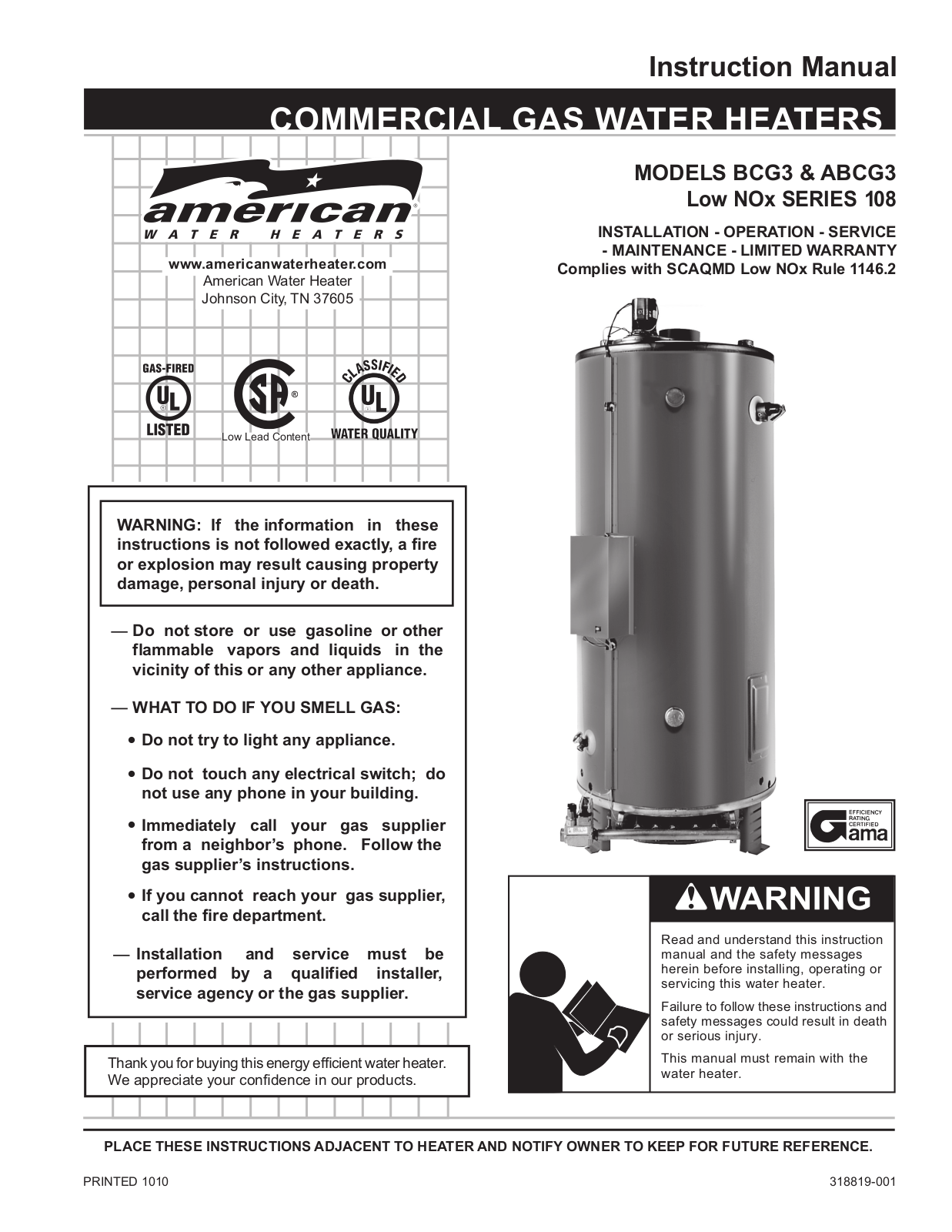 American Water Heater BCG3, ABCG3 User Manual