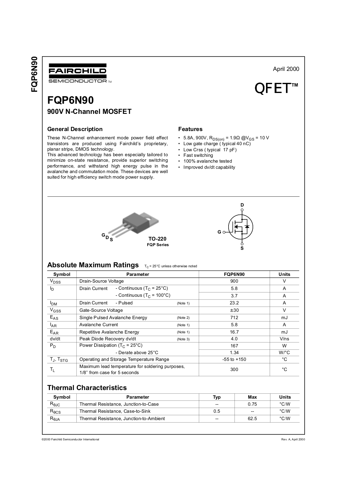 Fairchild Semiconductor FQP6N90 Datasheet