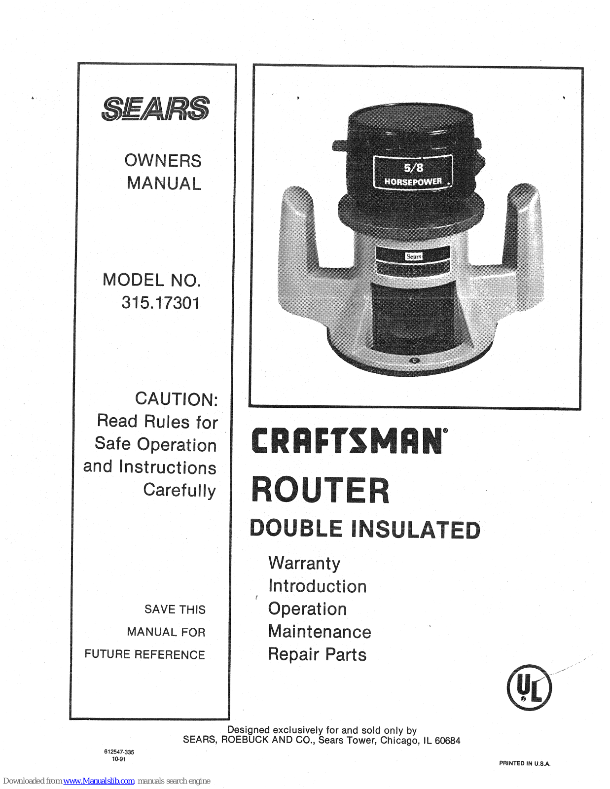 Sears craftsman 315.17301 Owner's Manual