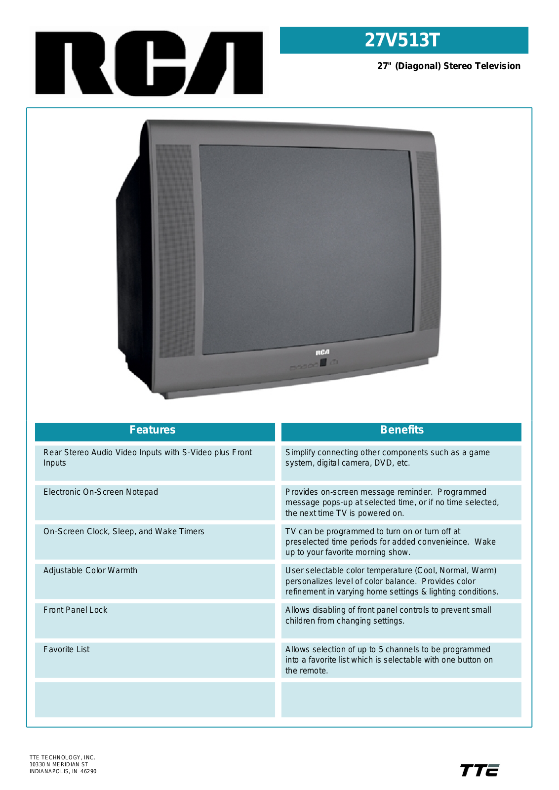 RCA 27V513T Specification Sheet