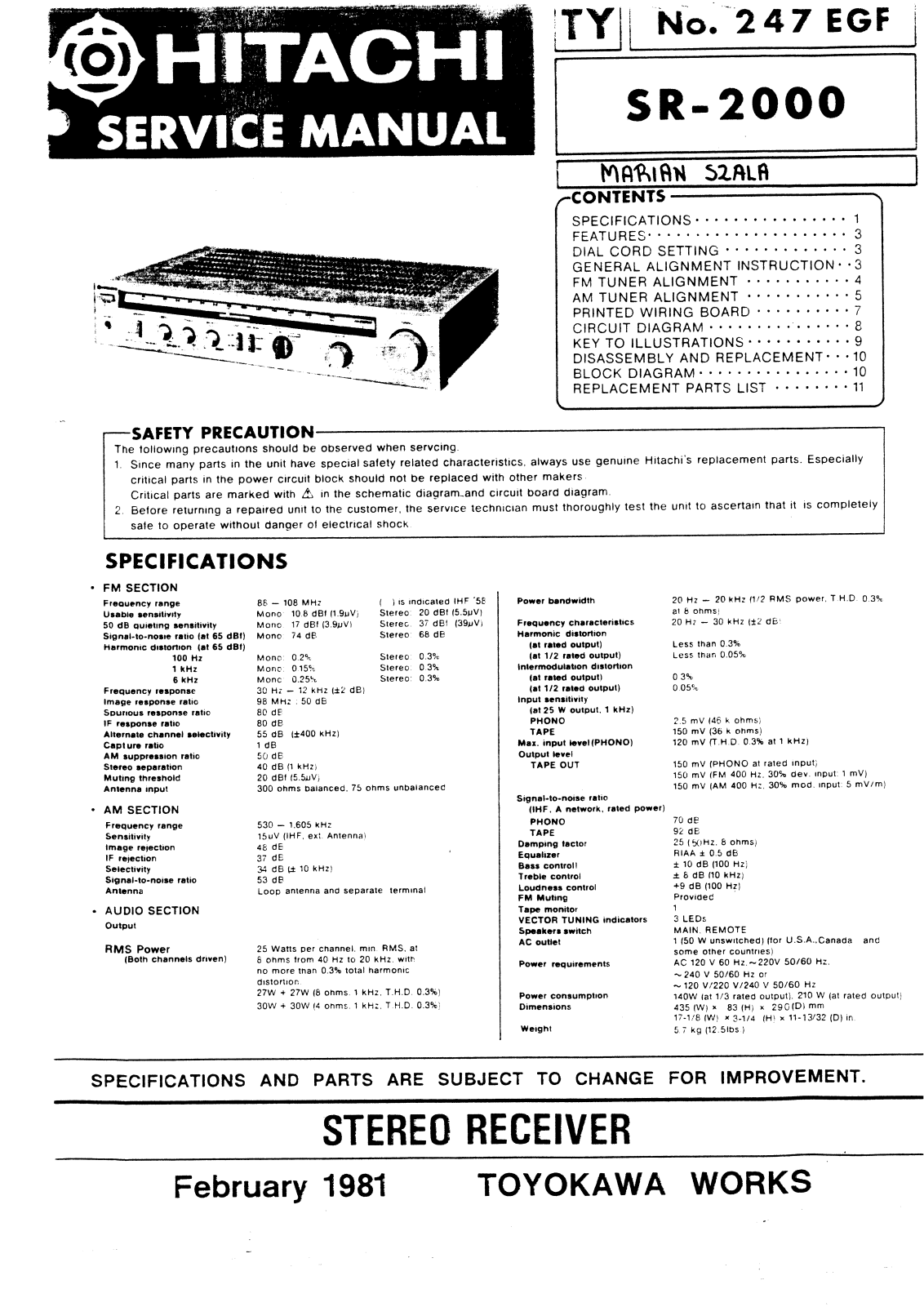 Hitachi SR-2000 Service manual