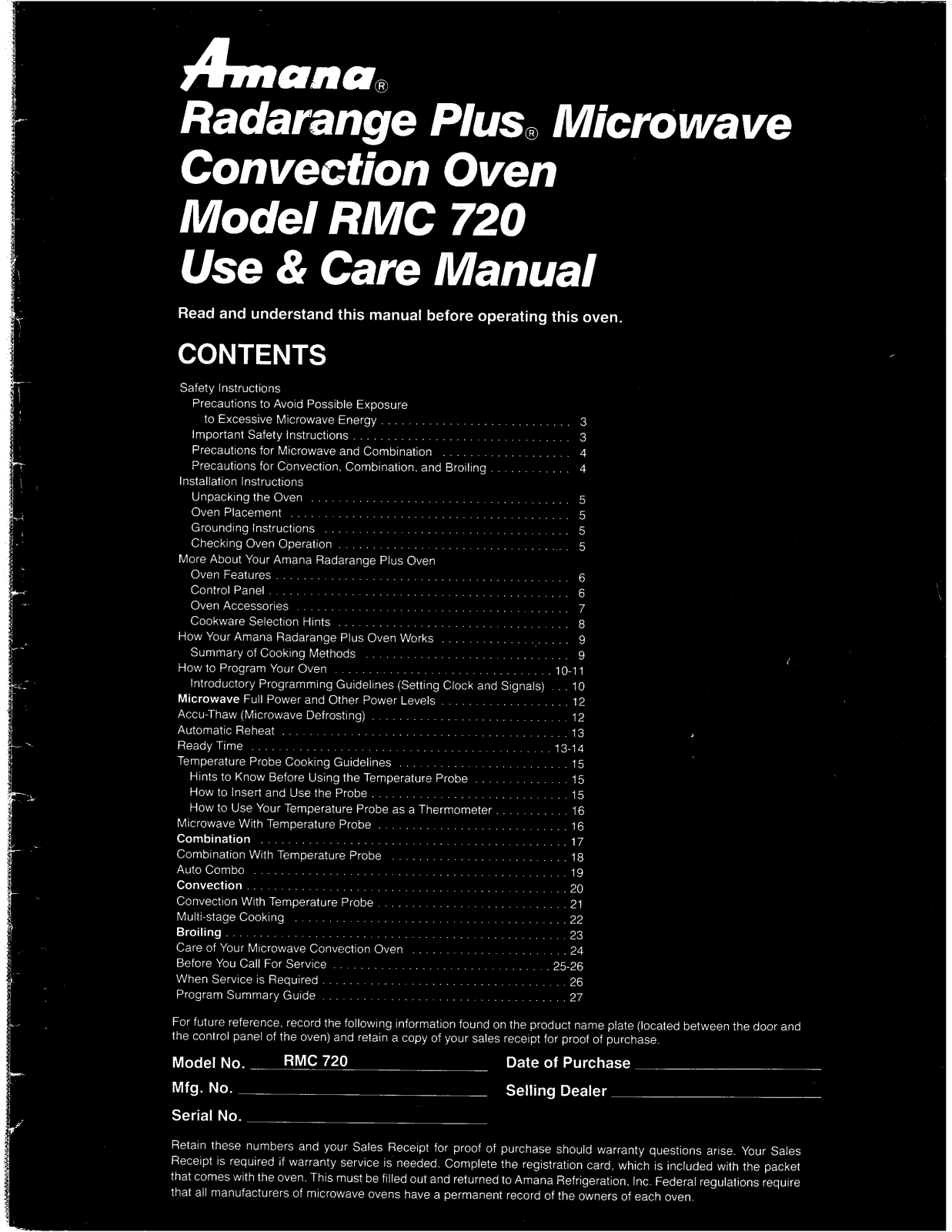 Amana RMC720 Owner's Manual