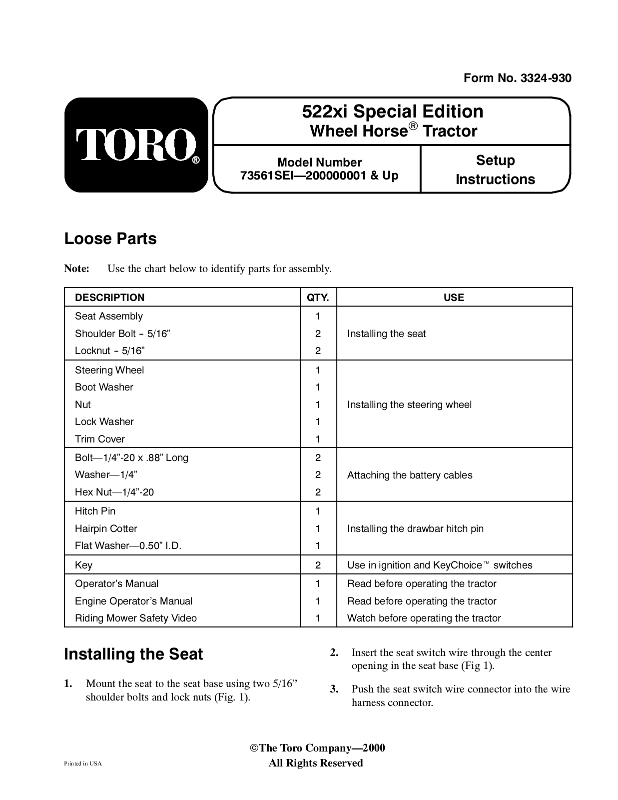 Toro 104-4671, 73561SEI Setup Instructions