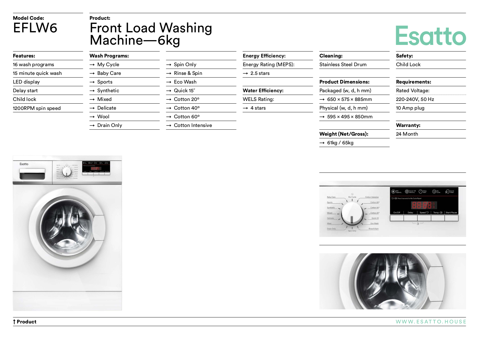 Esatto EFLW6ETM239WEDW7W Specifications Sheet