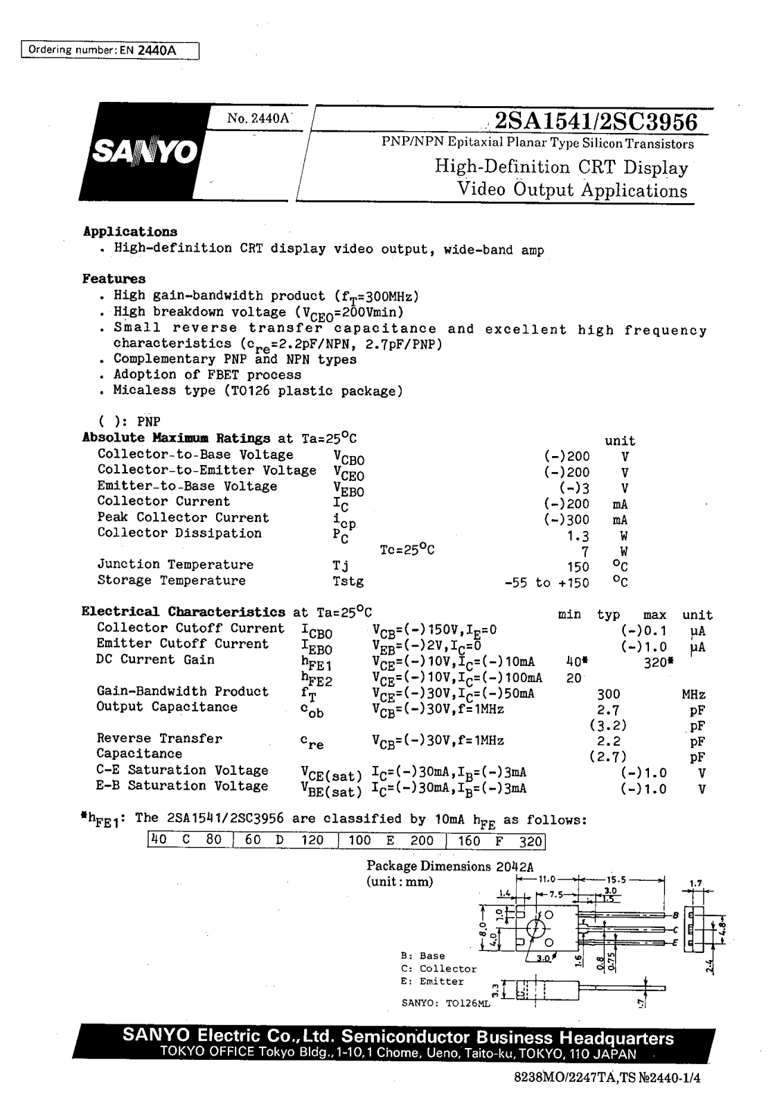 SANYO 2SC3965, 2SA1541 Datasheet