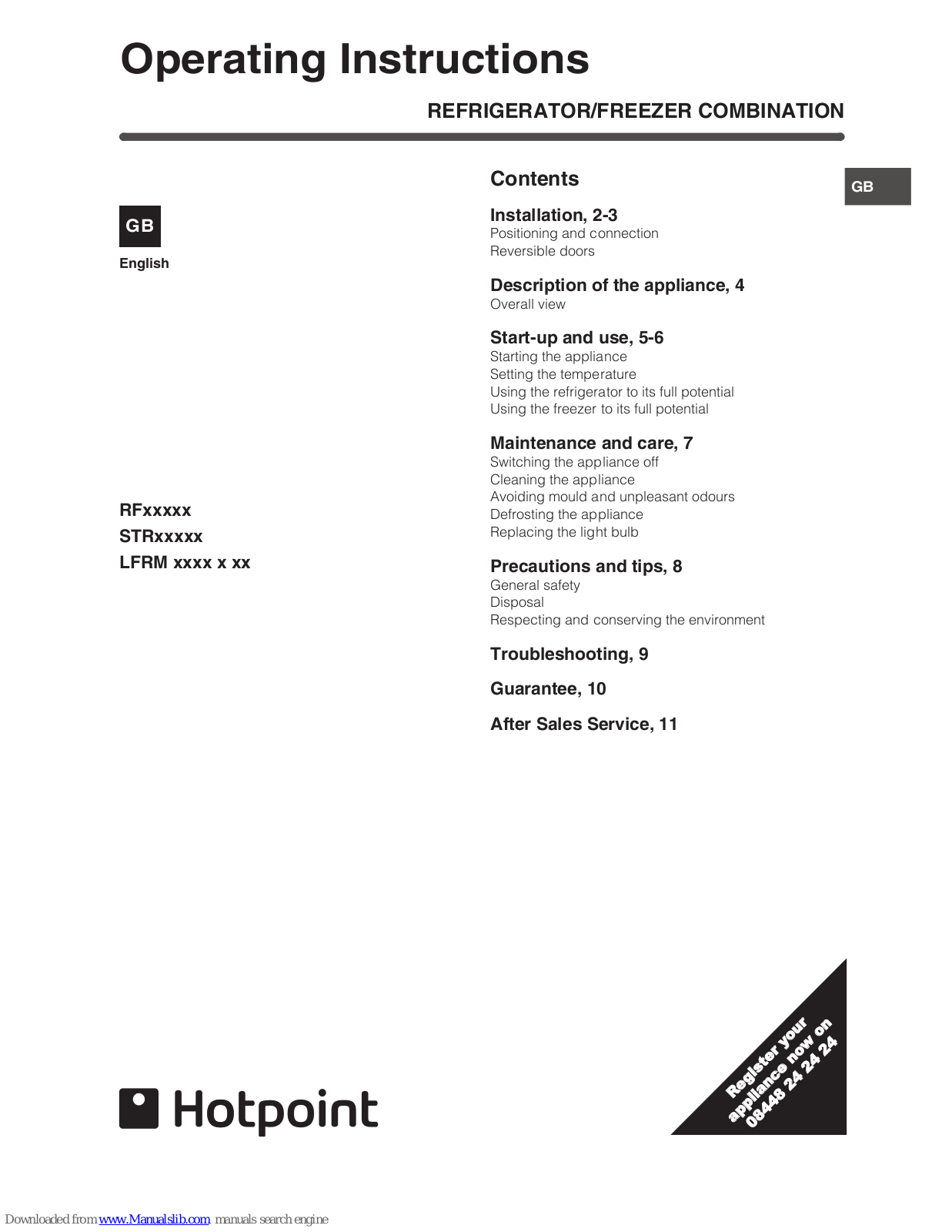 Hotpoint STRxxxxx, LFRM xxxx x xx, RFxxxxx Operating Instructions Manual