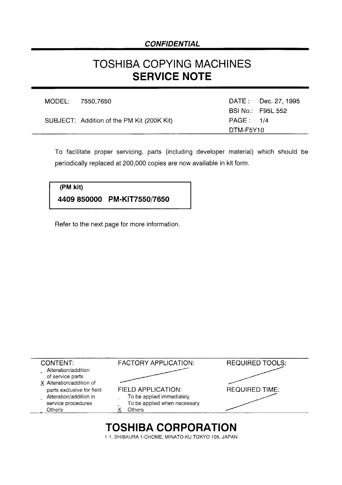 Toshiba f95l552 Service Note