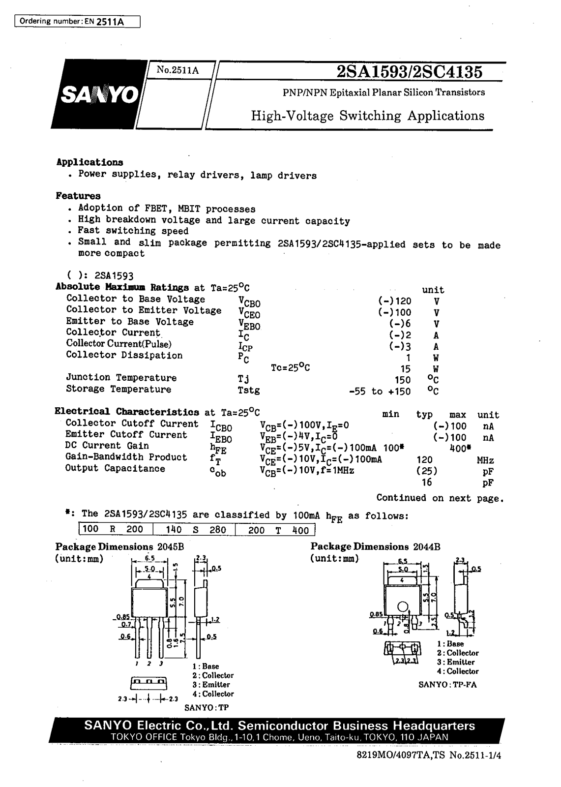 SANYO 2SC4135, 2SA1593 Datasheet