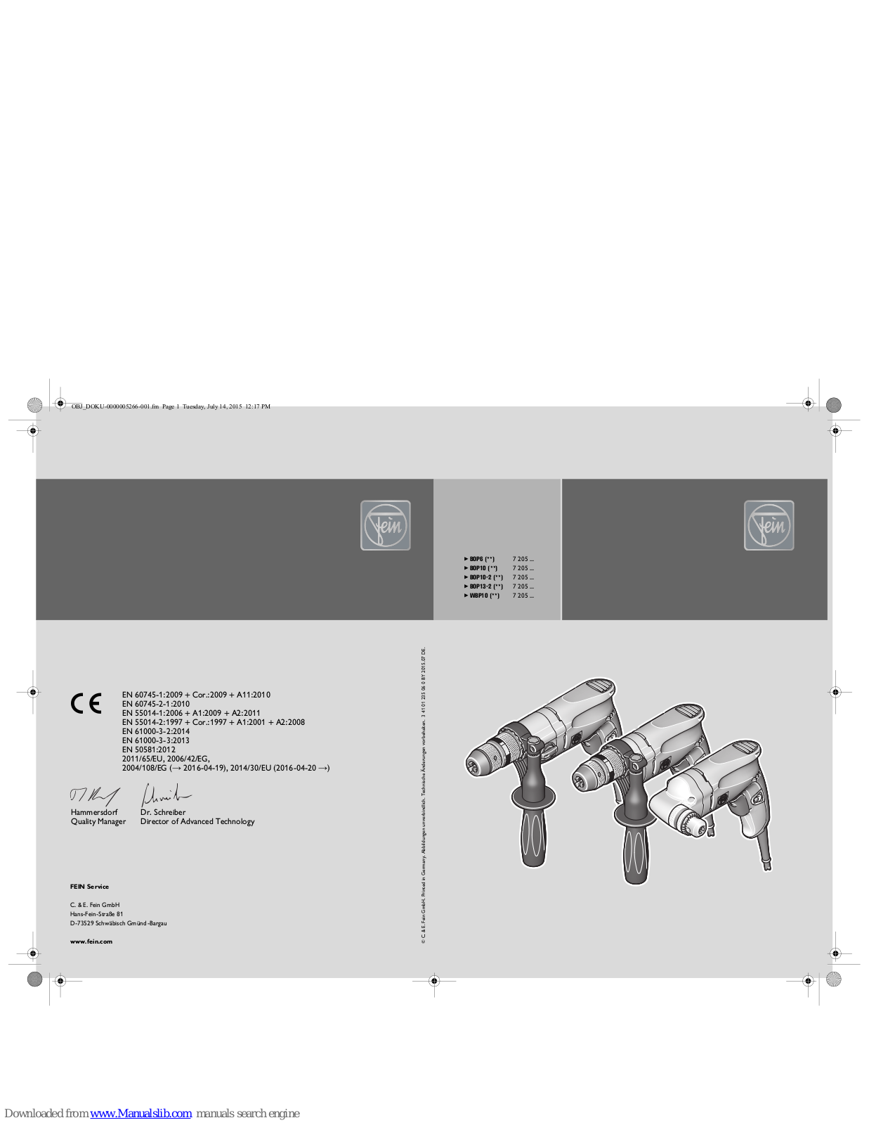 Fein BOP6 Series, BOP10-2 Series, BOP13-2 Series, WBP10 Series, BOP10 Series Original Instructions Manual