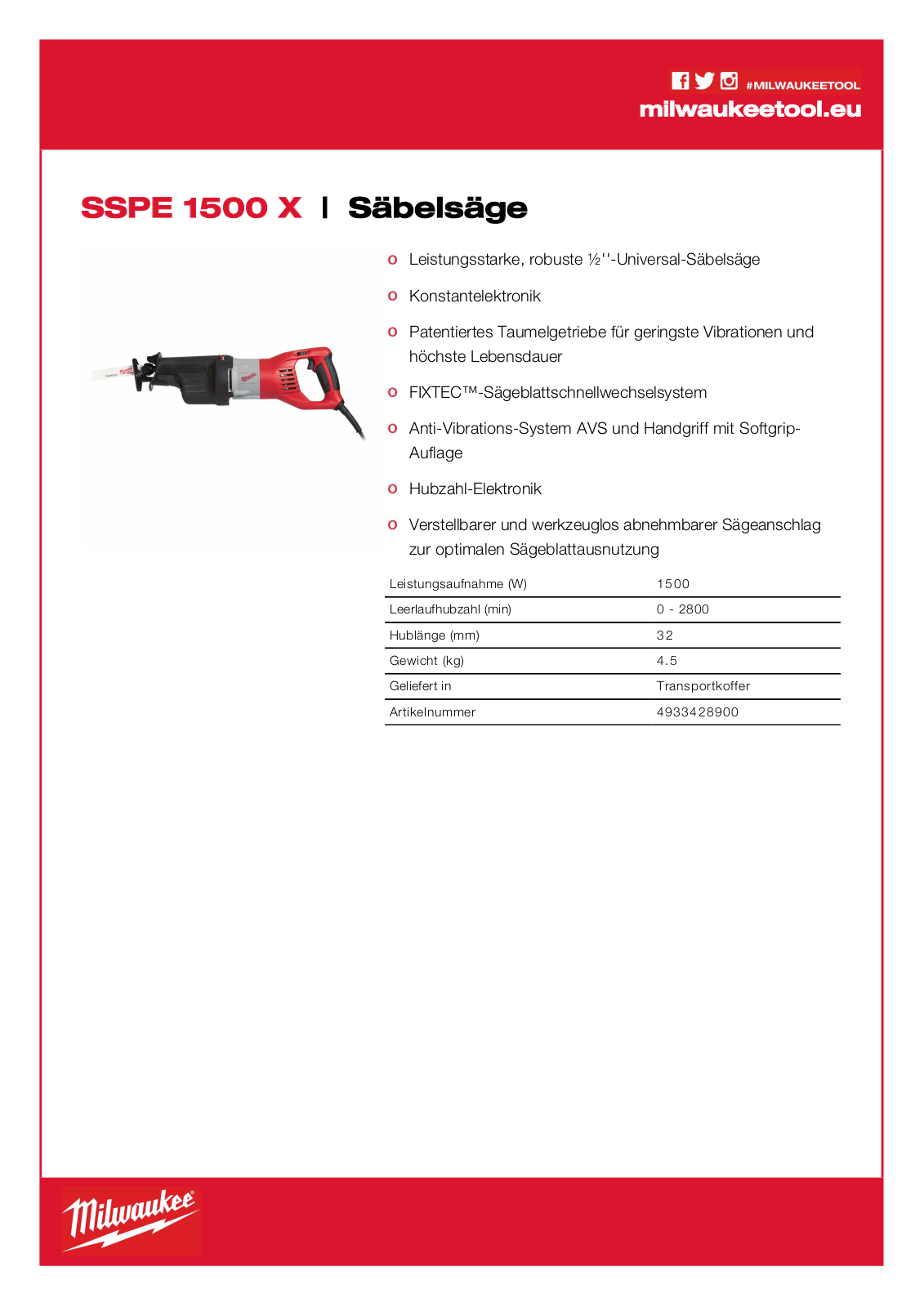 Milwaukee SSPE 1500 X Technical data