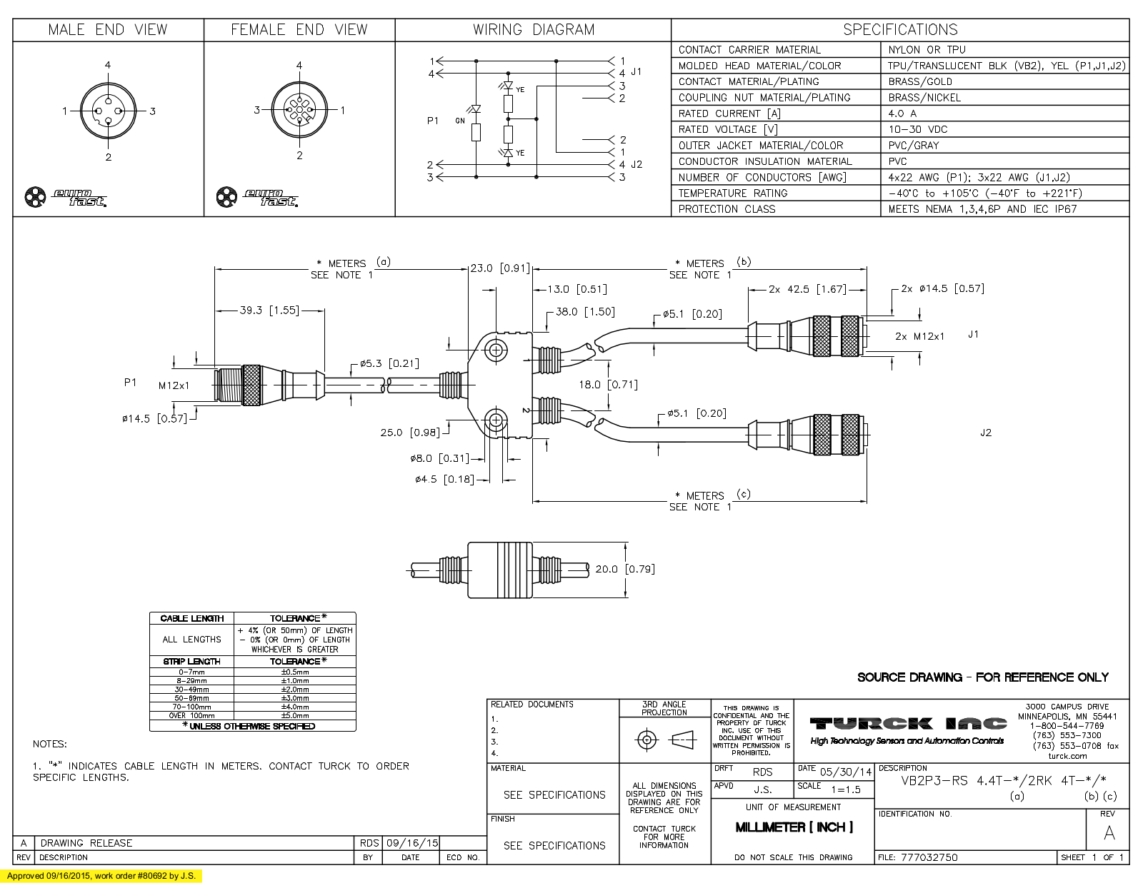 Turck VB2P3-RS4.4T-0.5/2RK4T-11 Specification Sheet