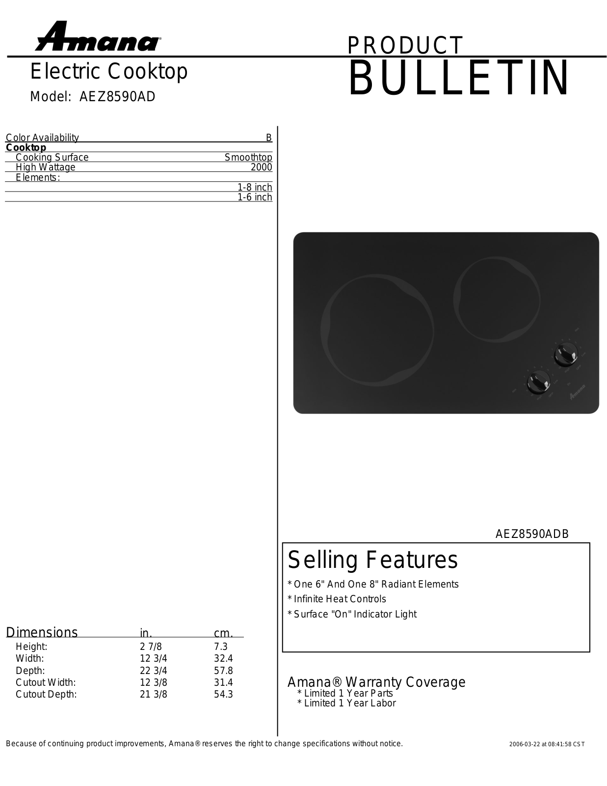 Amana AEZ8590ADB Specification Sheet