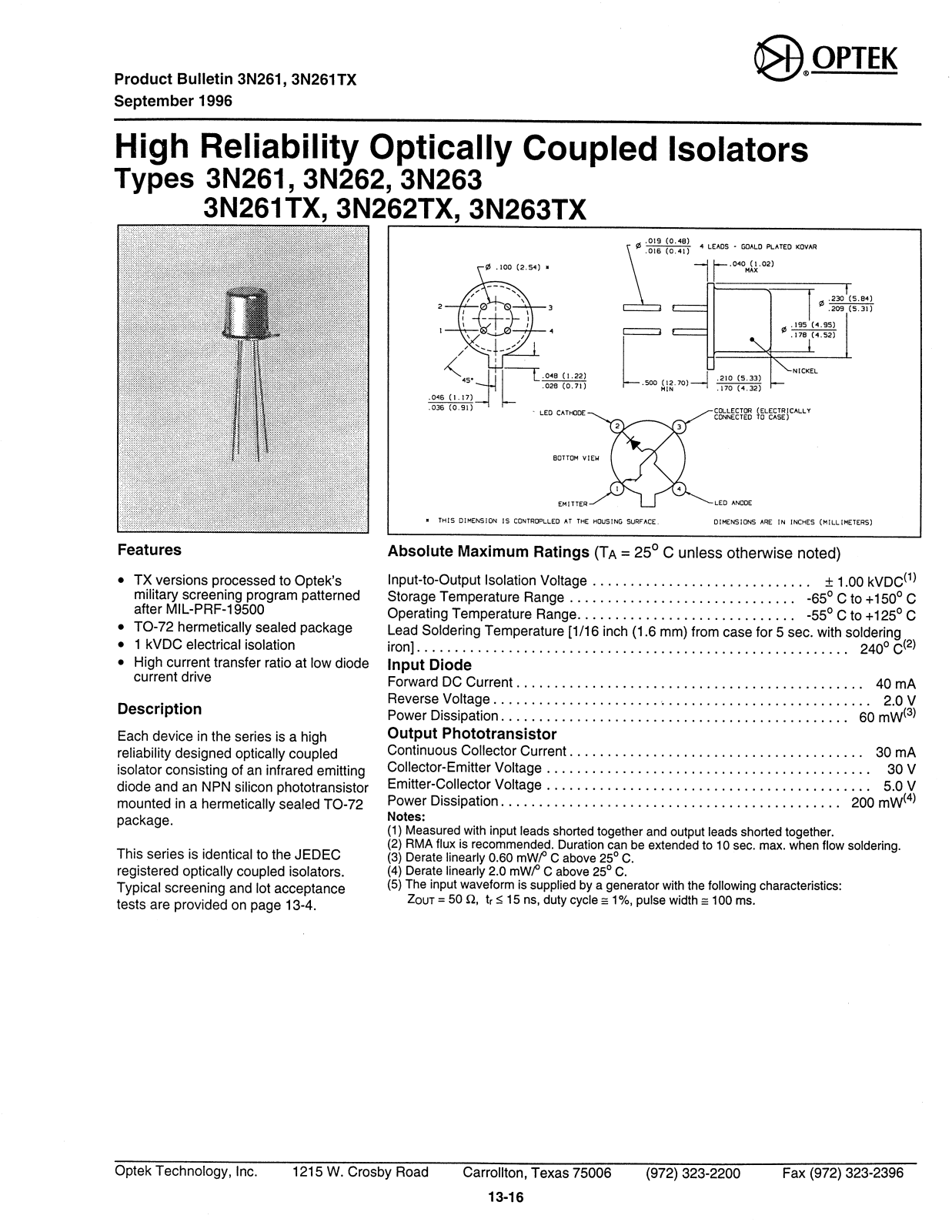 OPTEK 3N263TX, 3N263, 3N262TX, 3N262, 3N261TX Datasheet