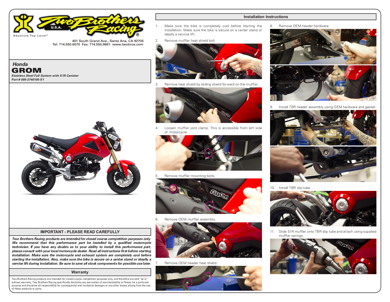 Two Brothers Racing Grom User Manual