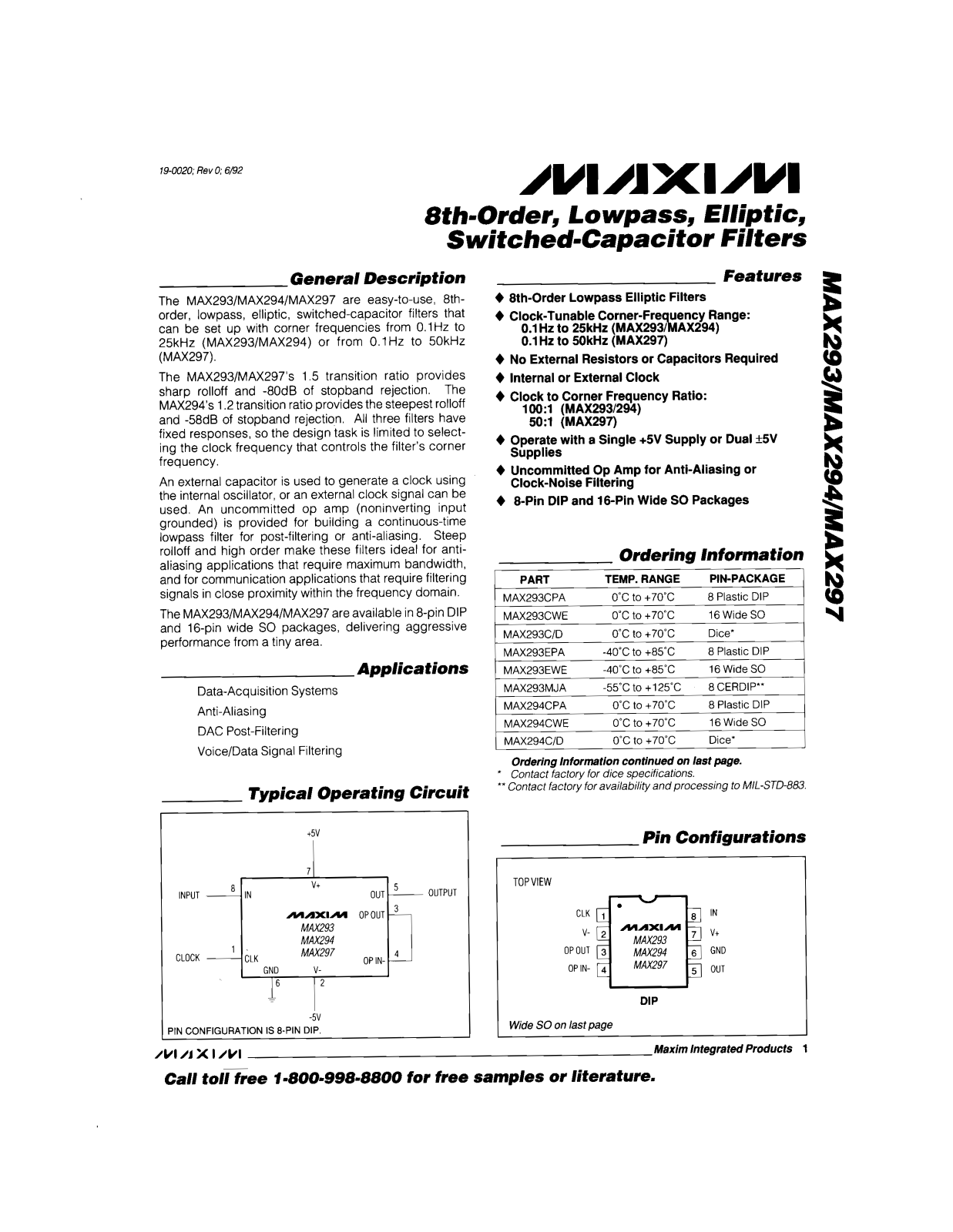 Maxim MAX297EPA, MAX297CWE, MAX297CPA, MAX297C-D, MAX294MJA Datasheet