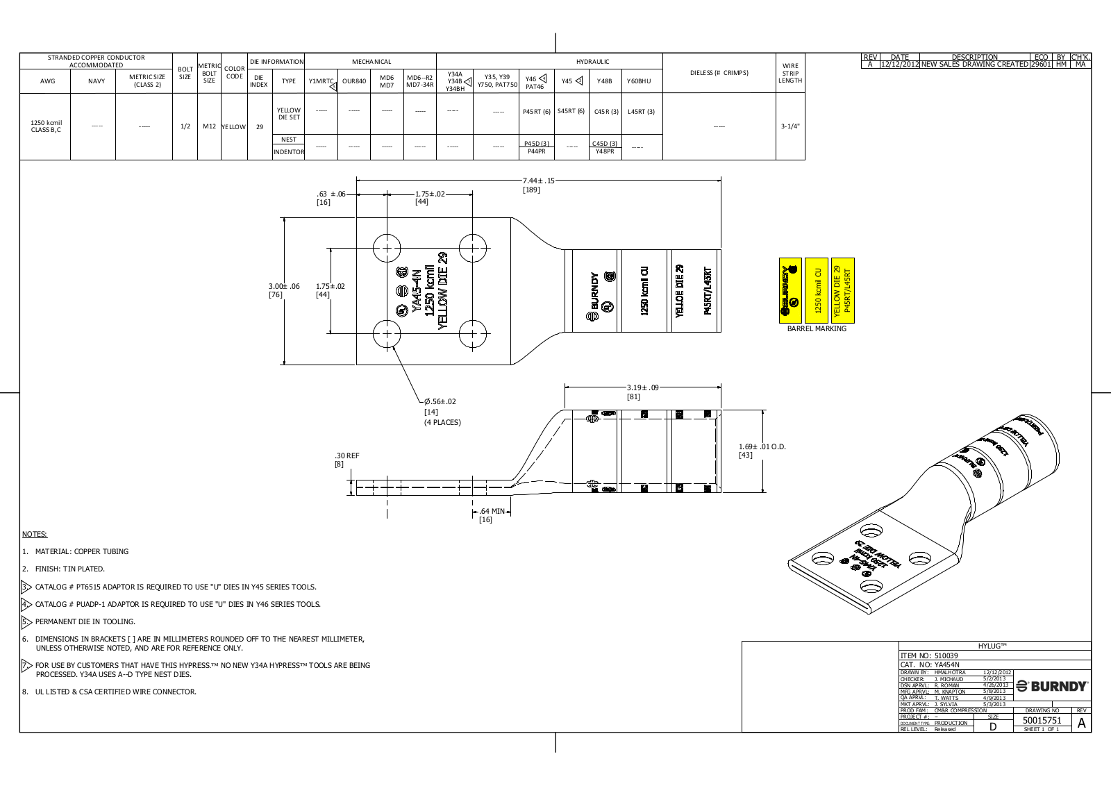 Burndy YA454N Data Sheet