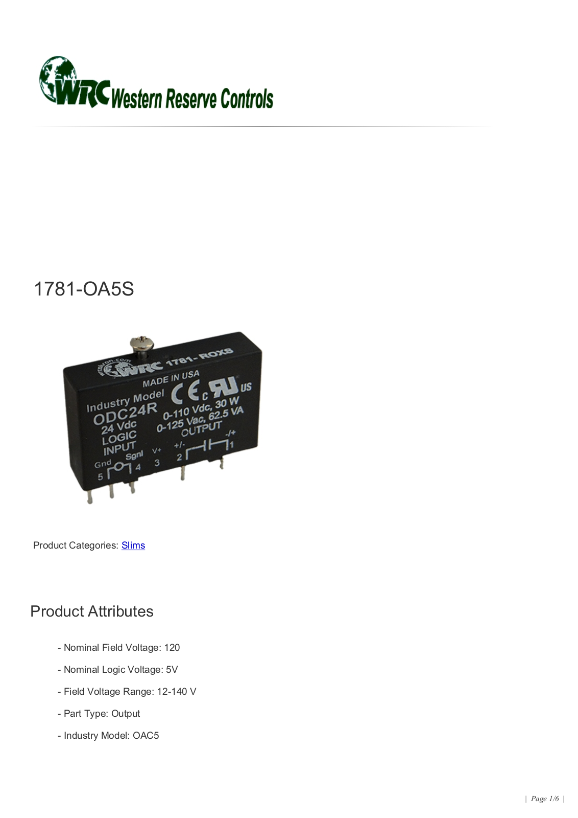 Western Reserve Controls 1781-OA5S Data Sheet