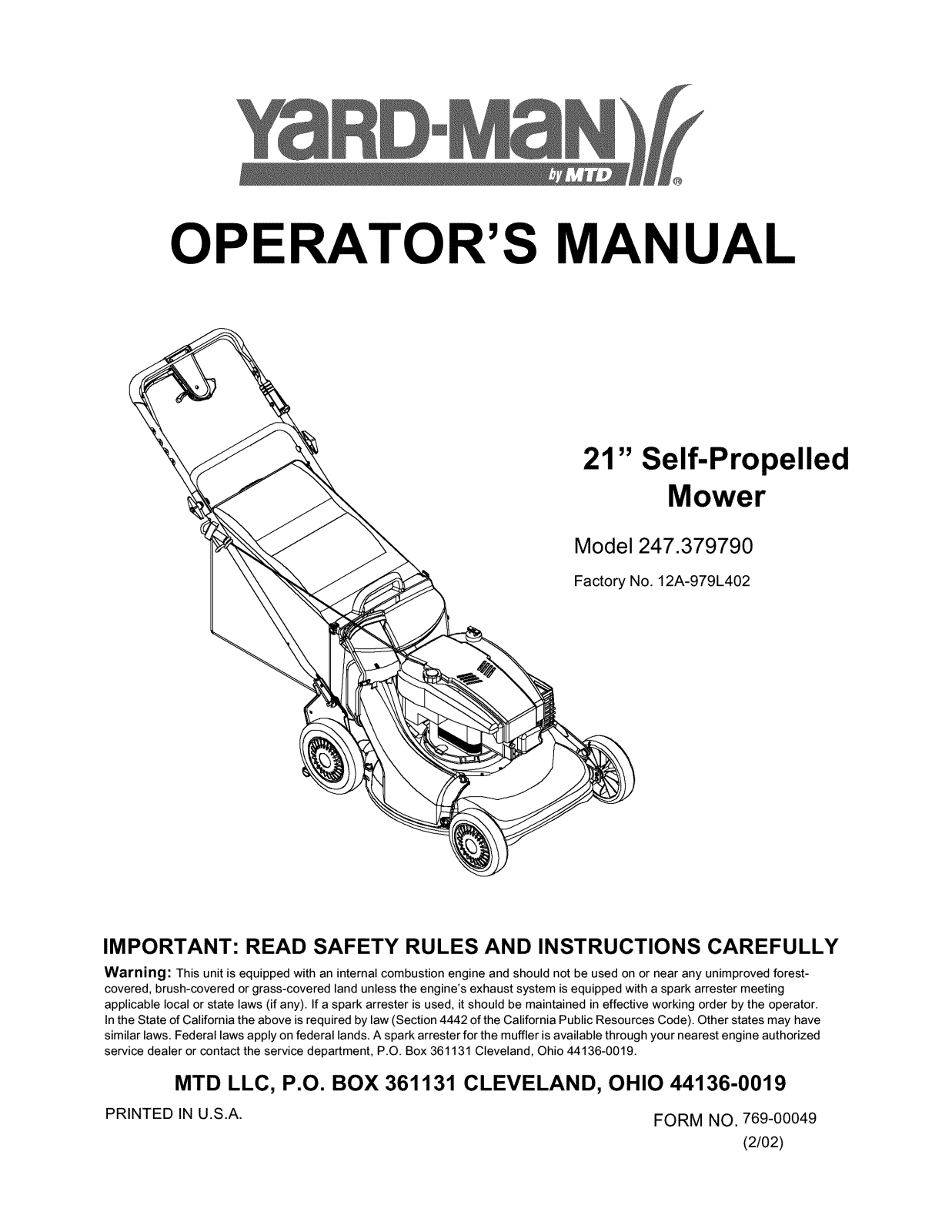 MTD 12A-979L402 Owner’s Manual