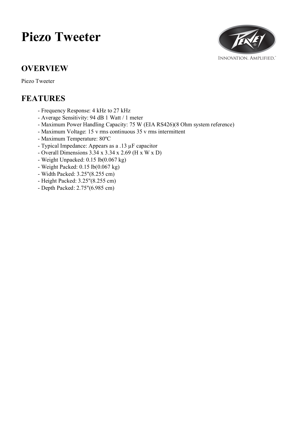 Peavey 50100 Data Sheet