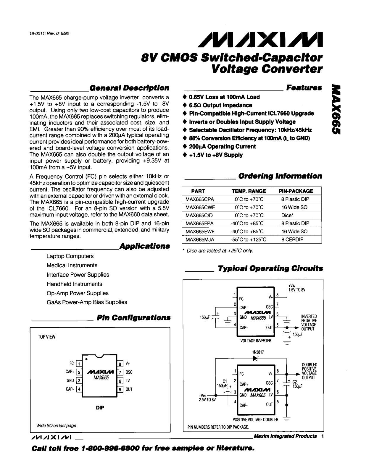 Maxim MAX665CWE, MAX665EPA, MAX665EWE, MAX665C-D, MAX665MJA Datasheet