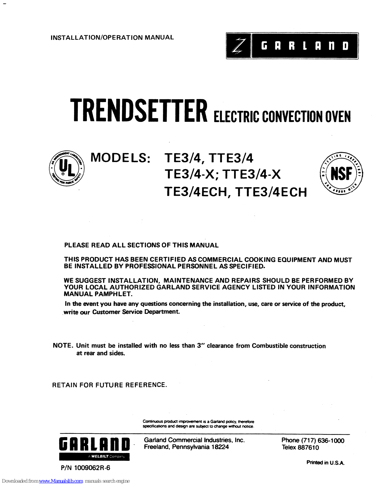 Garland TE3, TE4, TTE3, TTE4, TE3-X Installation And Operation Manual