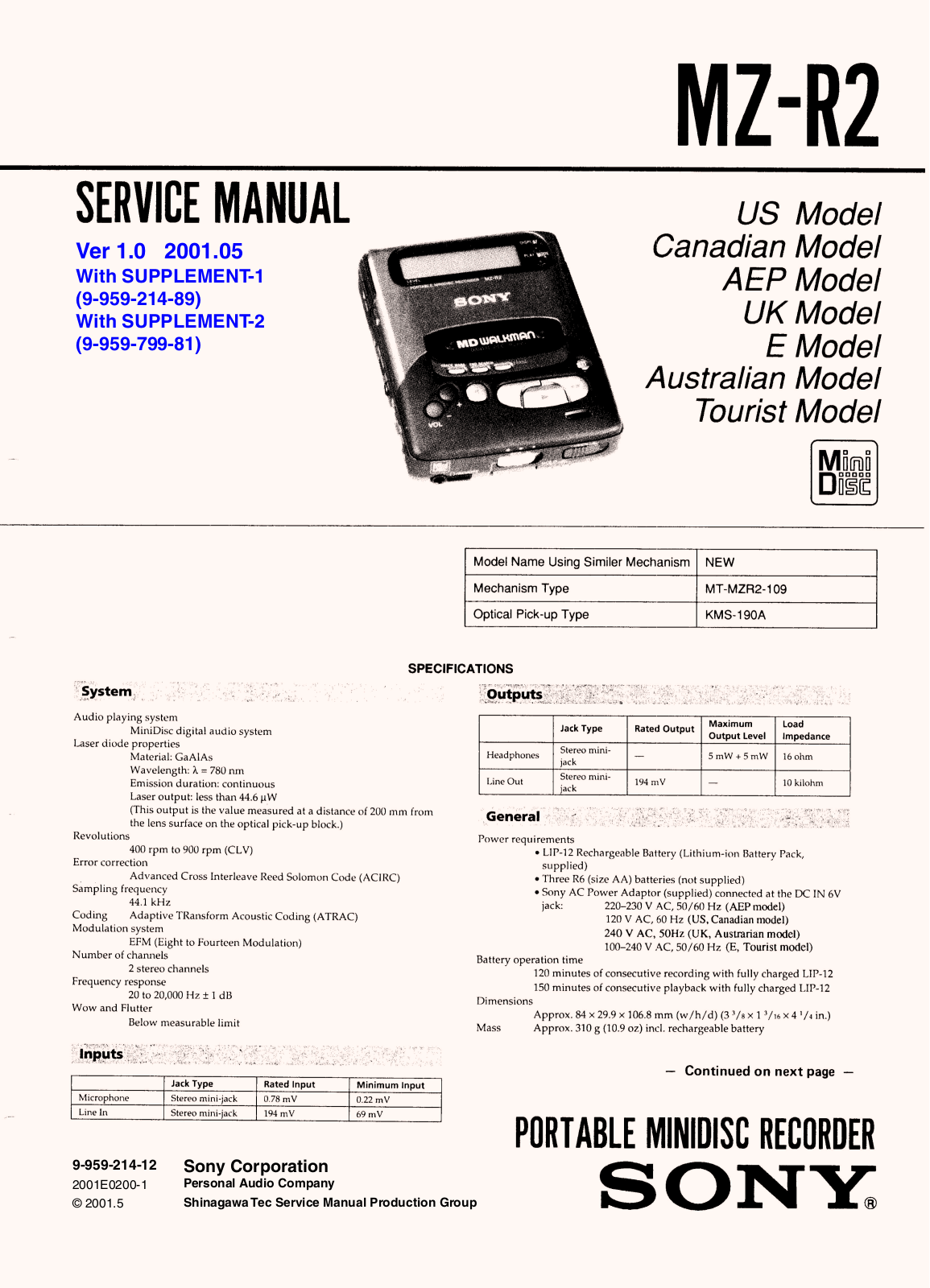 Sony MZ-R2 Service manual