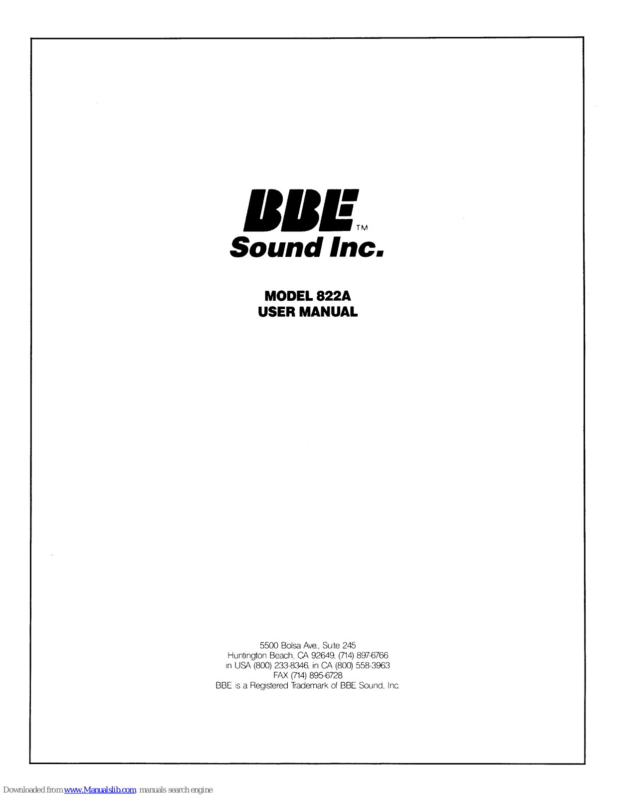 BBE Sound Sonic Maximizer BBE 822A, Sonic Maximizer 822A User Manual