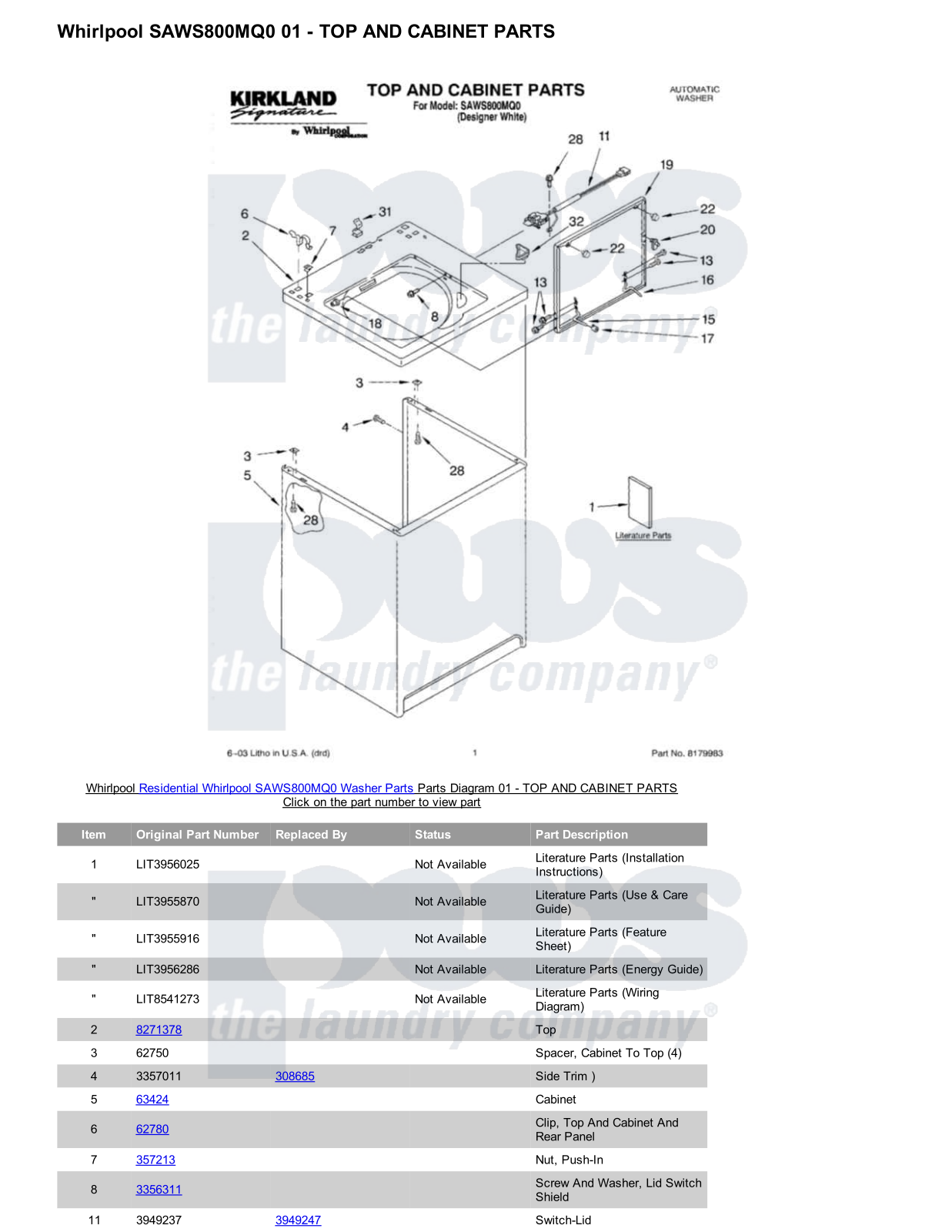 Whirlpool SAWS800MQ0 Parts Diagram