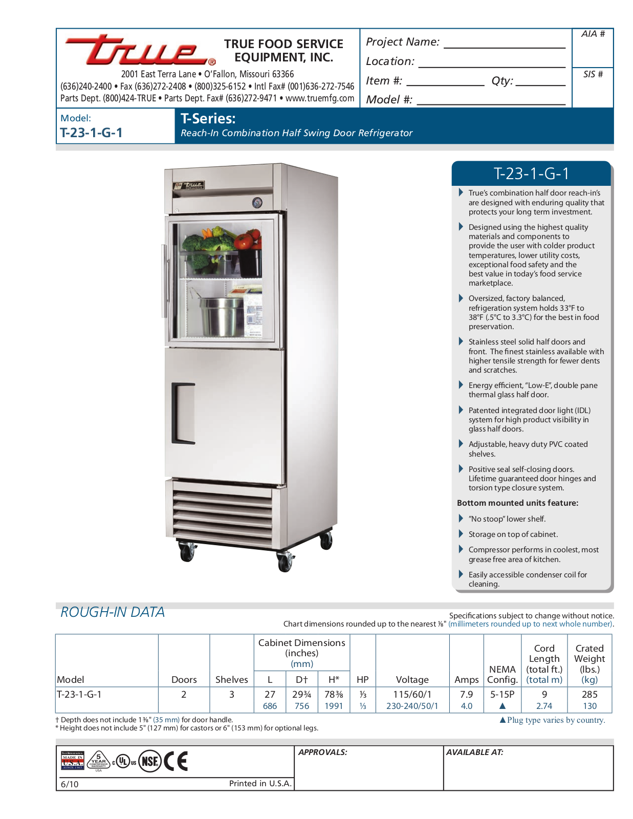 True T-23-1-G-1 Specifications