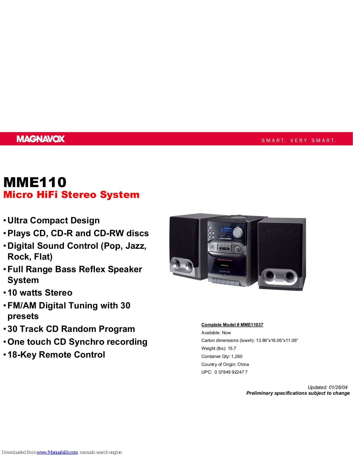 Magnavox MME11037, MME110 Specifications