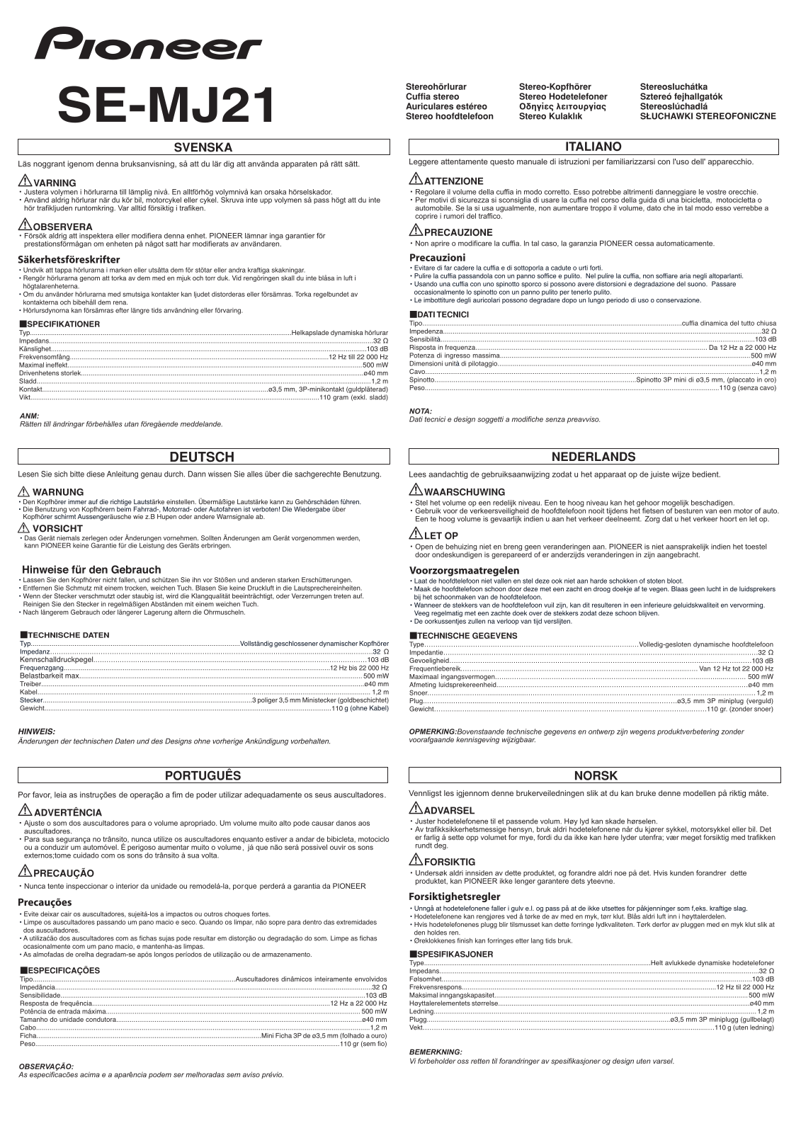 PIONEER SE-MJ21 User Manual