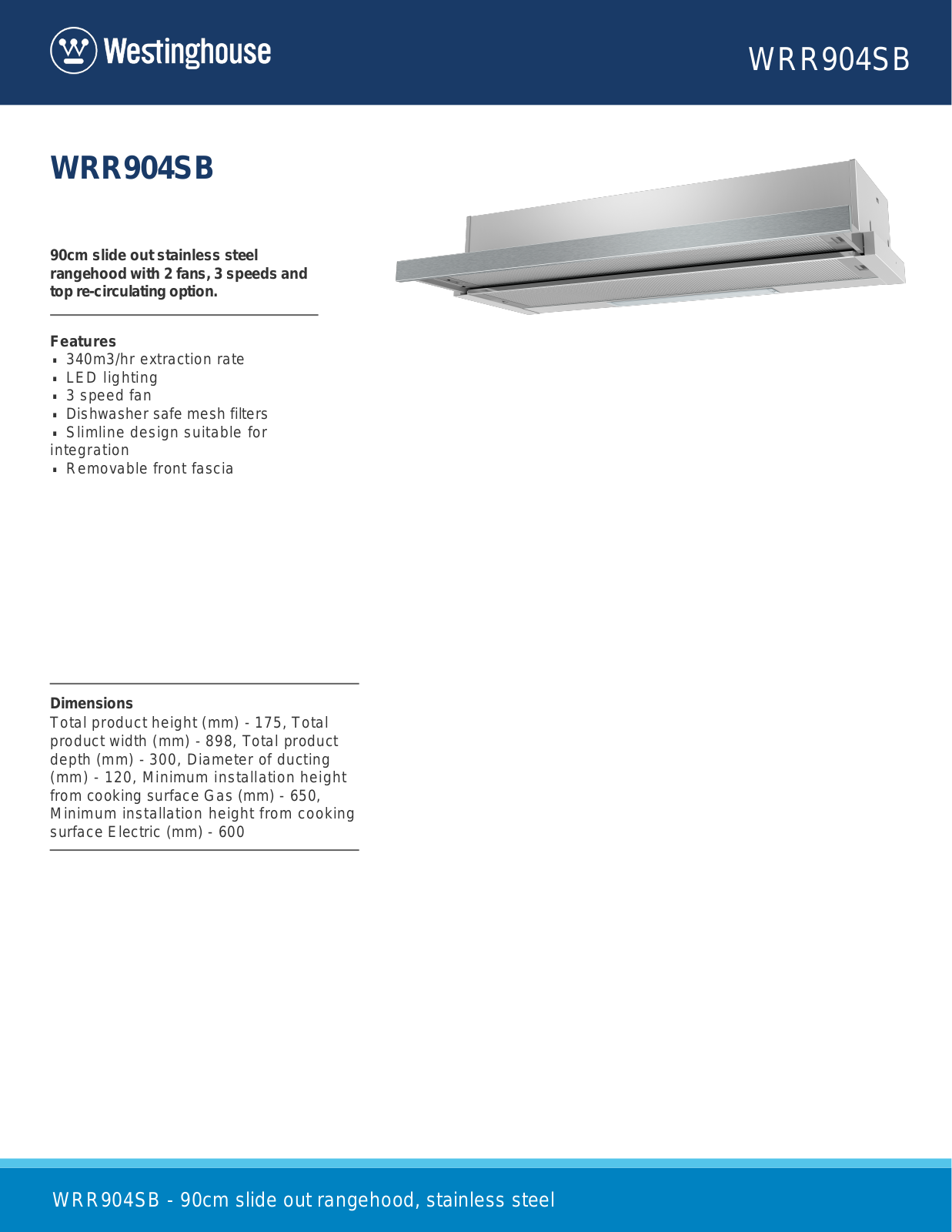 Westinghouse WRR904SB Specifications Sheet