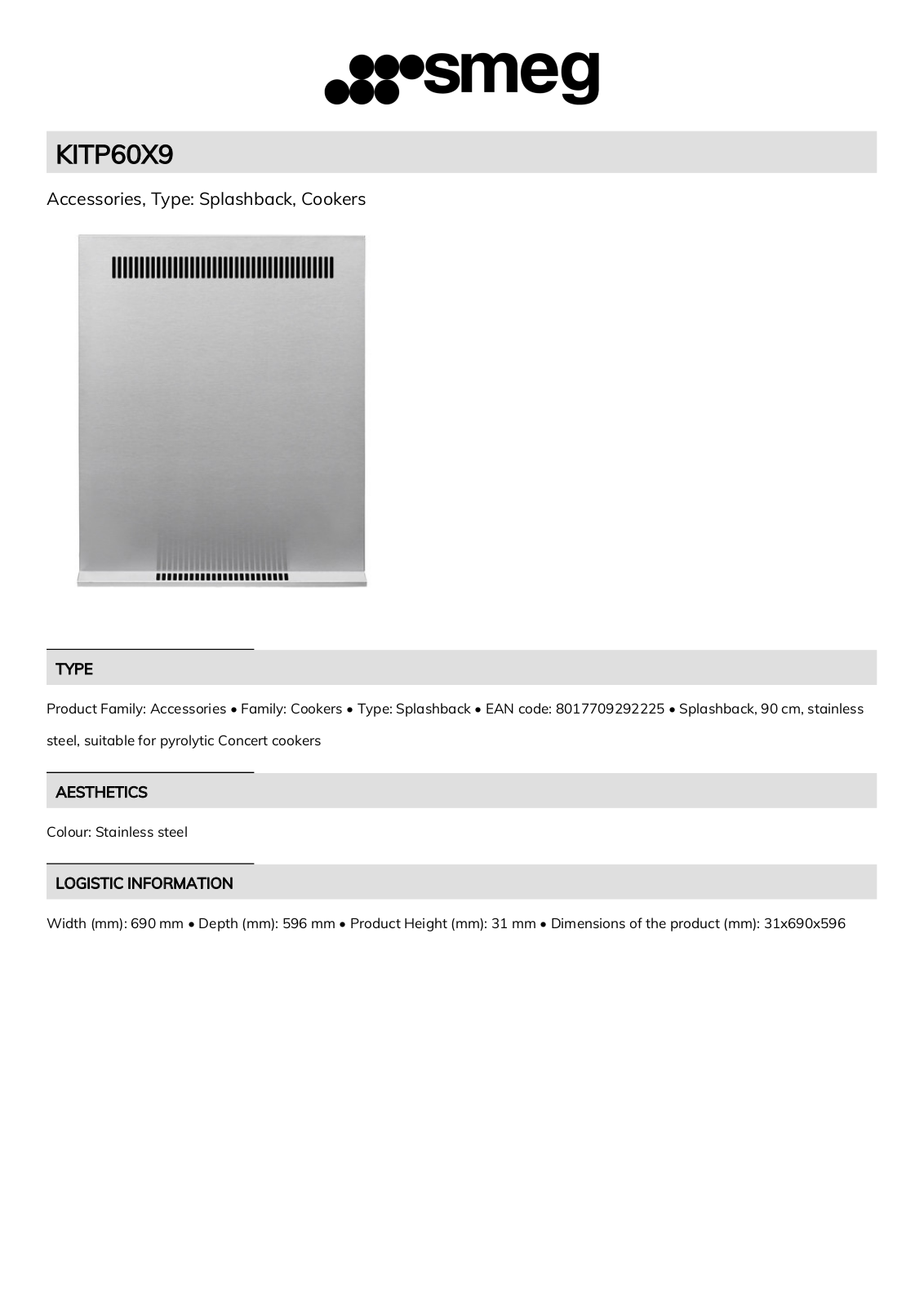 Smeg KITP60X9 Technical sheet