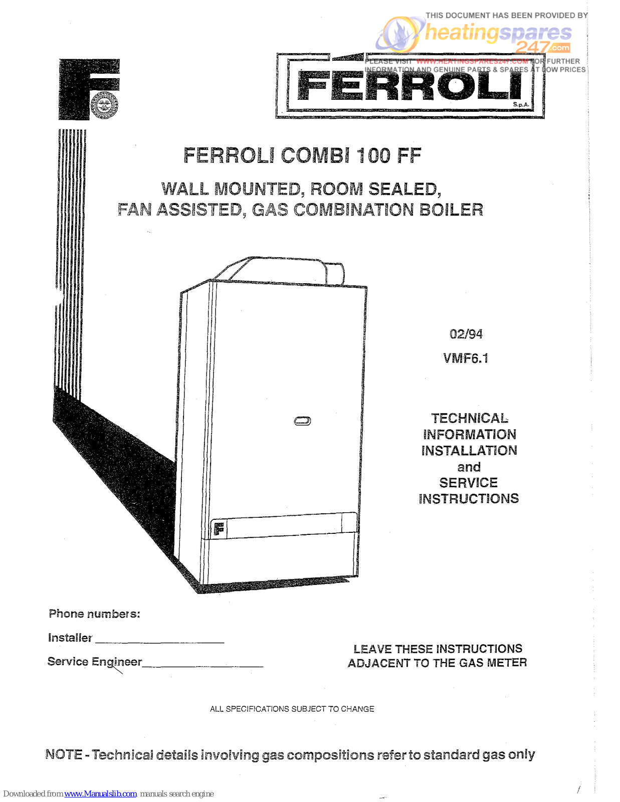 Ferroli COMBI1 00 FF Technical Information Installation And Service Instructions