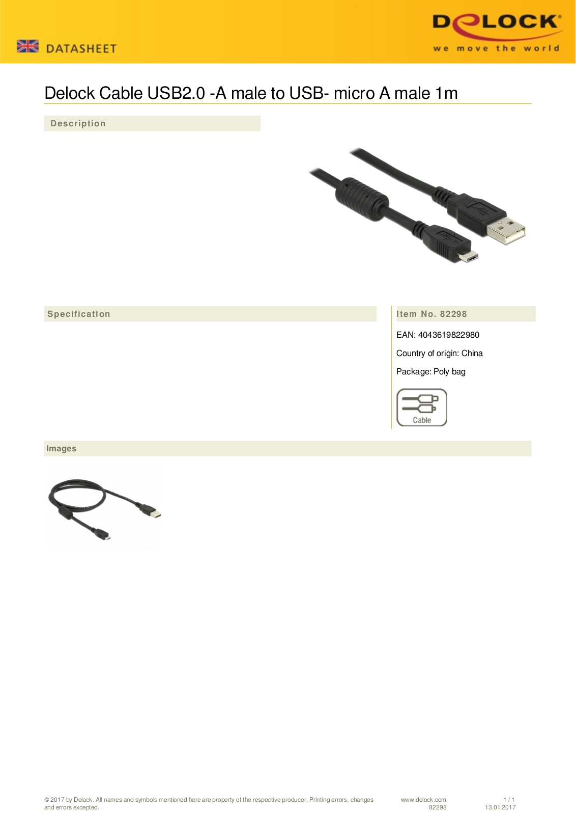 DeLOCK USB-A 2.0 to USB 2.0 micro A adapter cable, 1m User Manual