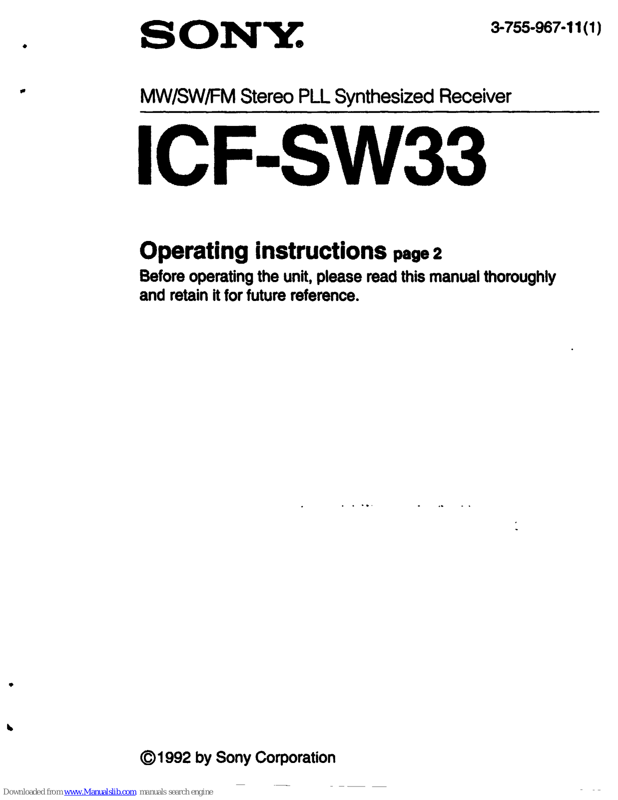 Sony ICF-SW33,3-755-967-11(1) Operating Instructions Manual