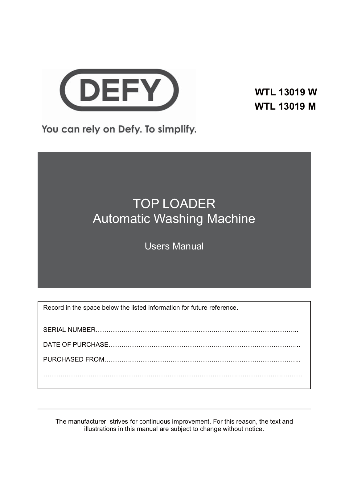 Defy WTL 13019 M User Manual