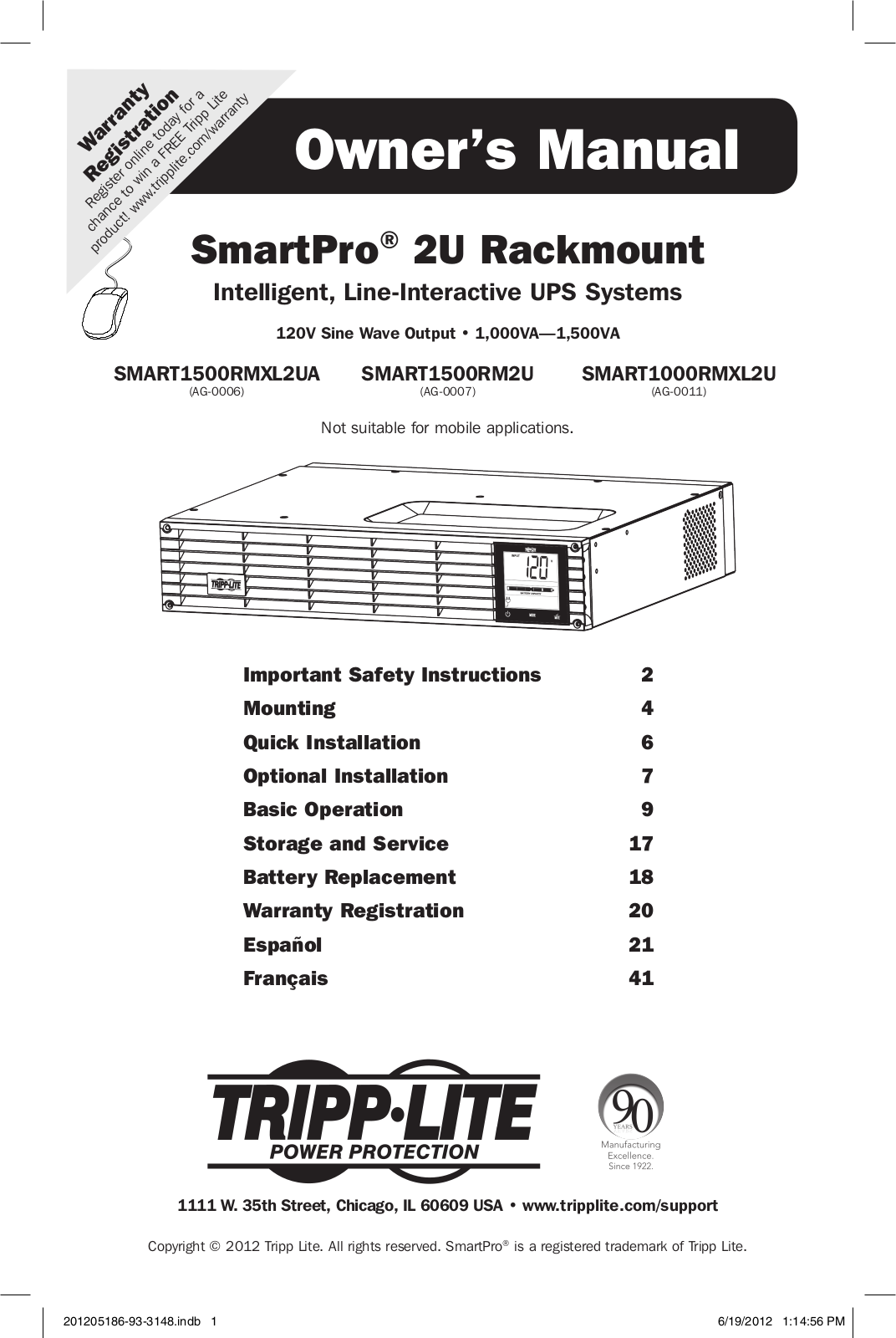 Tripp Lite SM1500RMXL2UTAA Users Manual