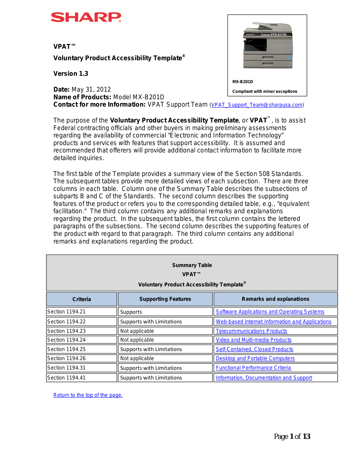 Sharp MX-B201D Government Compliance