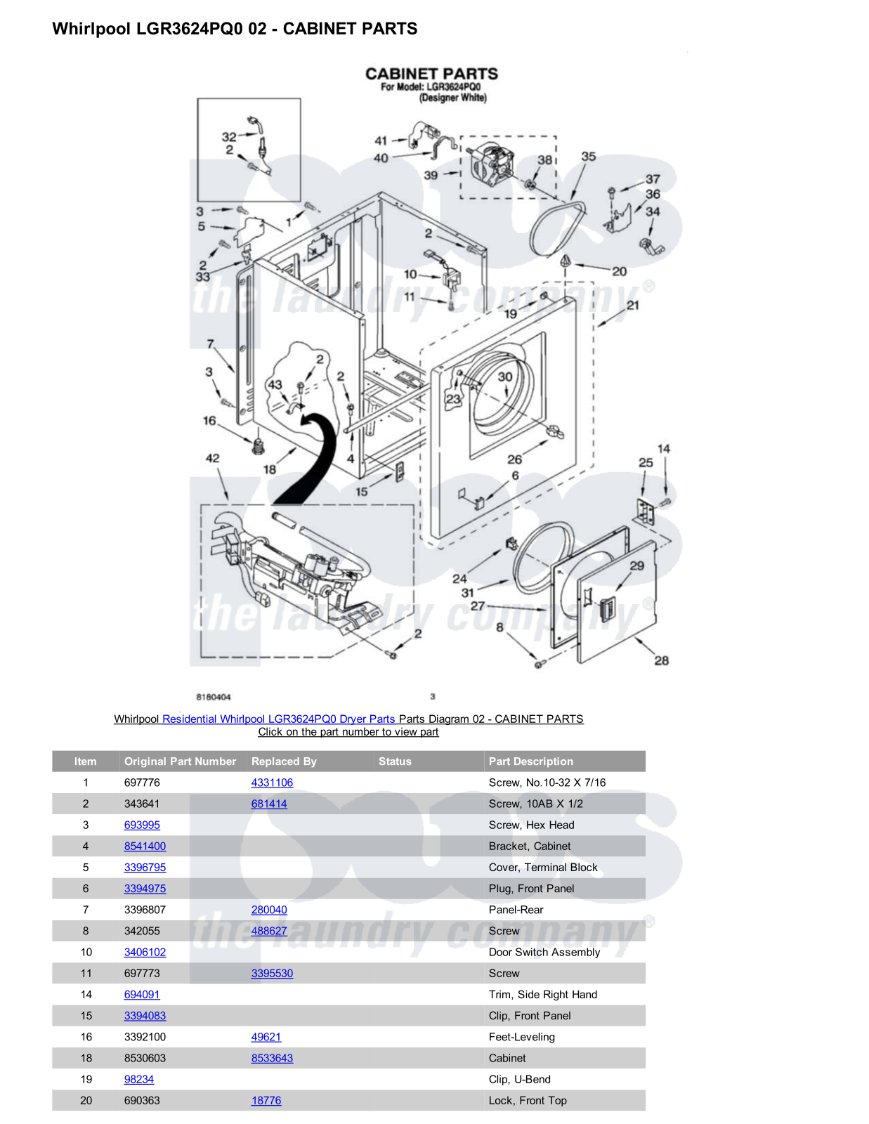 Whirlpool LGR3624PQ0 Parts Diagram