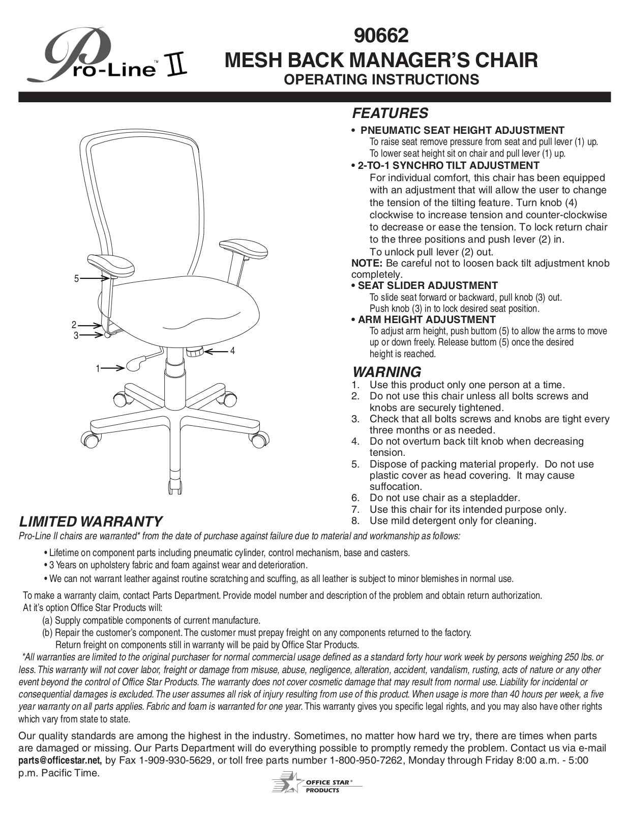 Office Star Products Pro-Line II Operating Instructions Manual