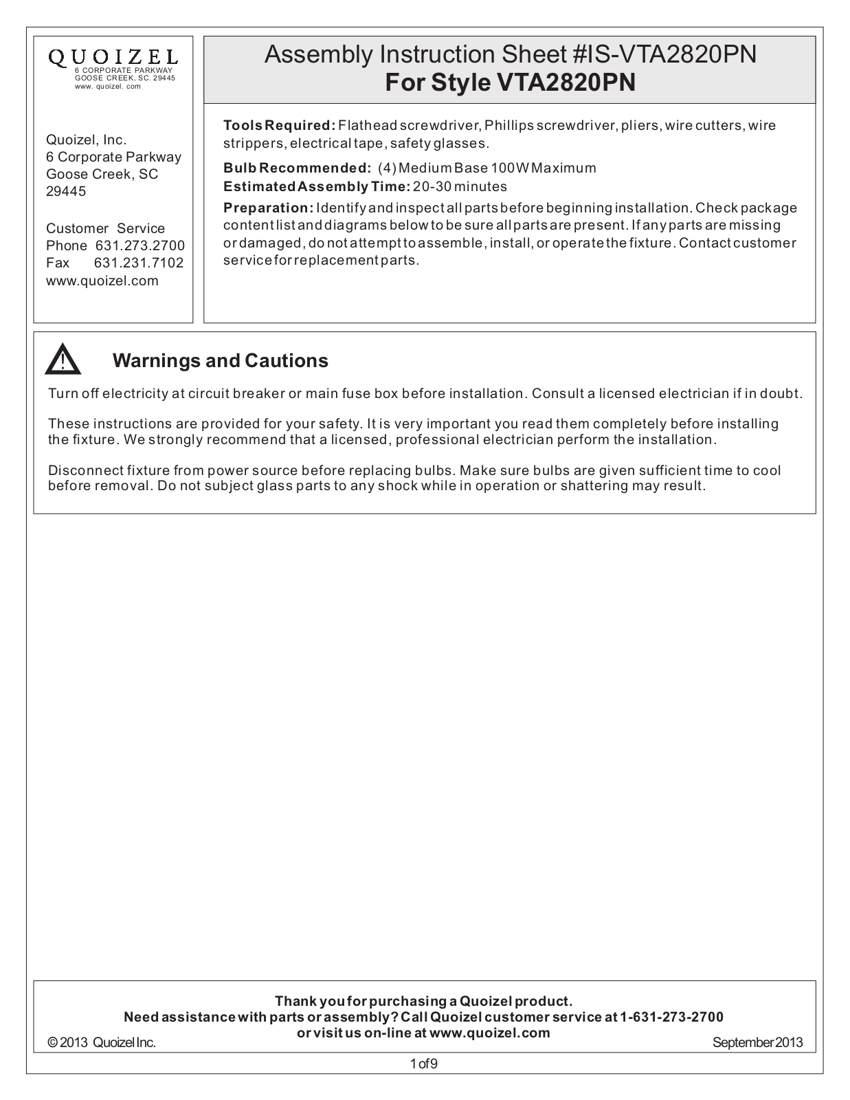 Quoizel VTA2820PN User Manual