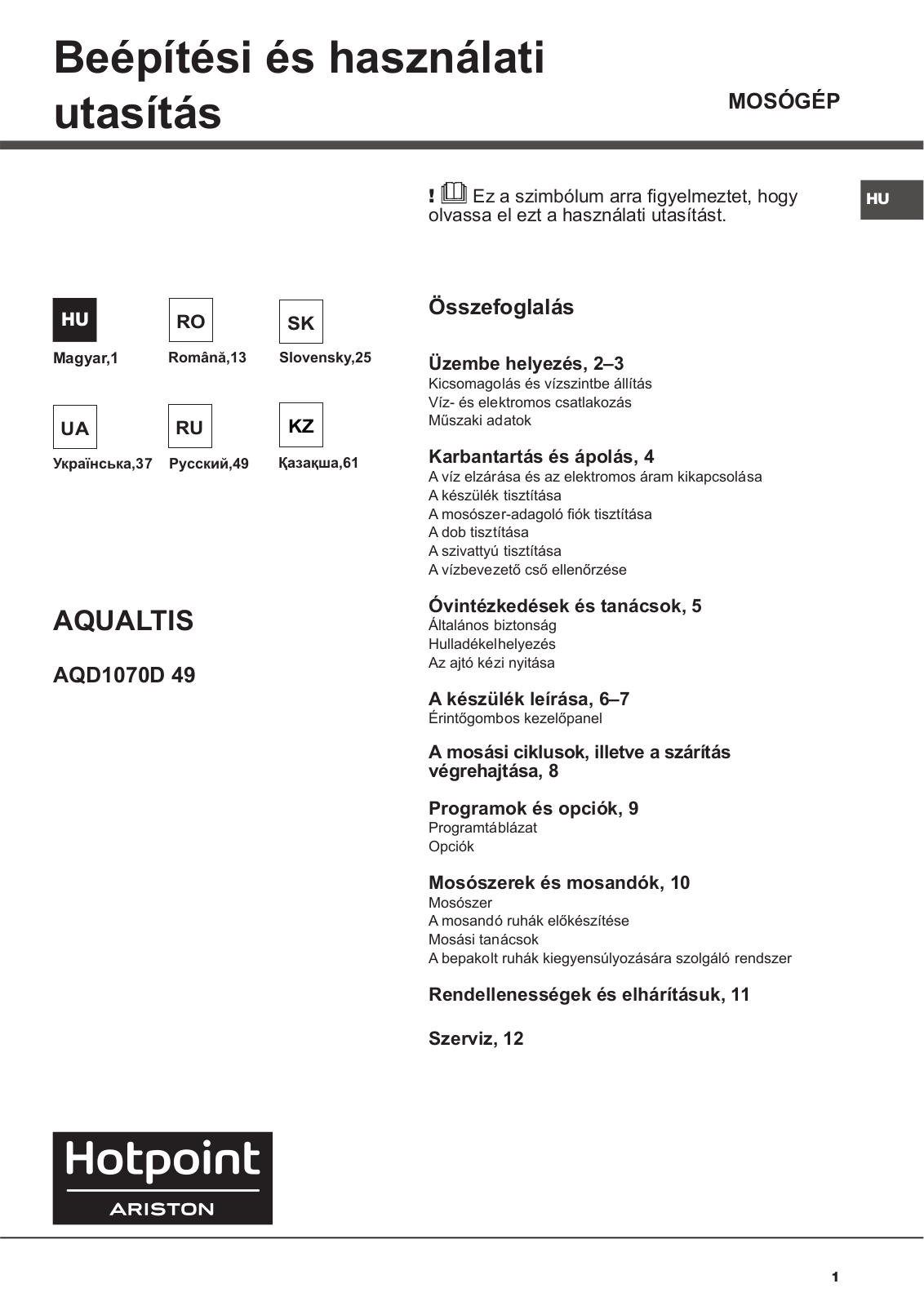 HOTPOINT/ARISTON AQD1070D 49 EU/B User Manual