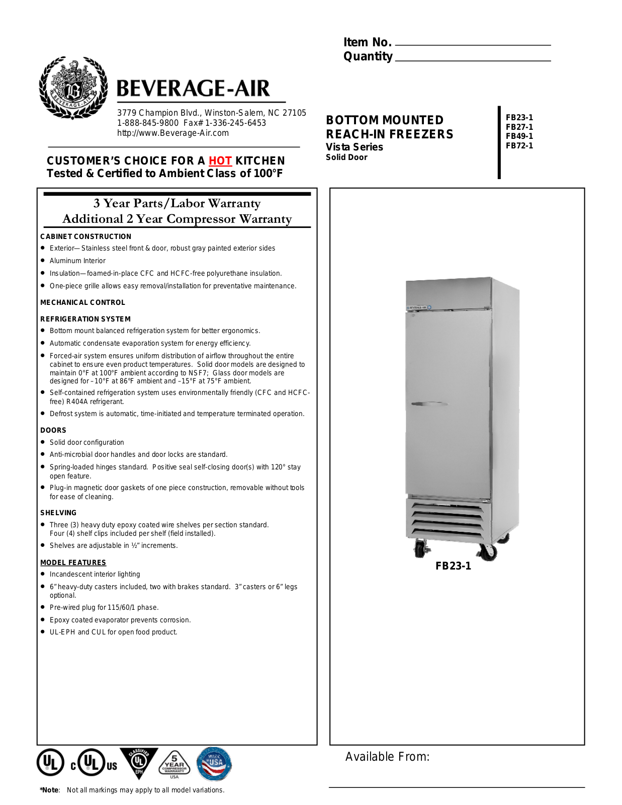 Beverage-Air FB231S, FB721S, FB491S, FB271S Specifications