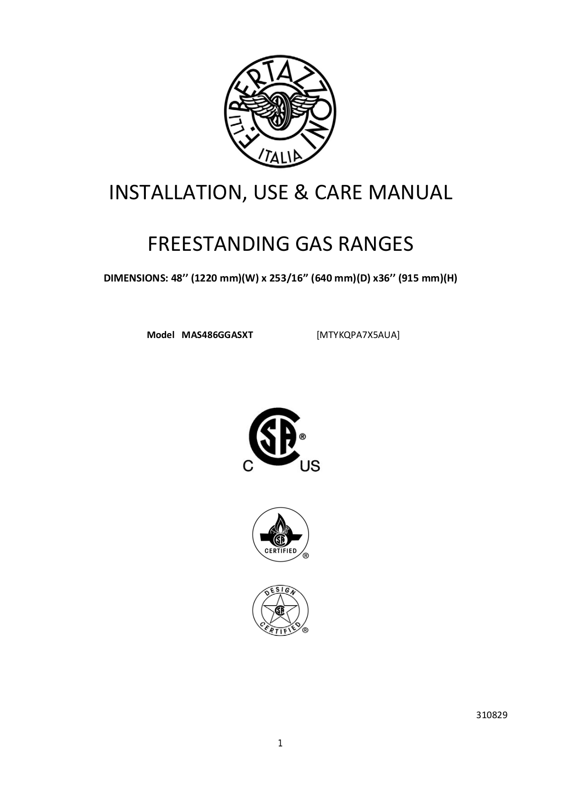 Bertazzoni MAS486GGASXT User Manual